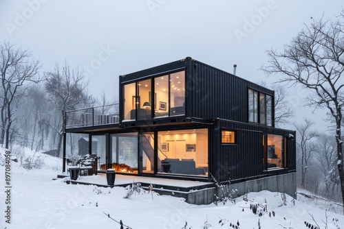 Contemporary black container house with expansive windows, architecture in a snowy landscape photo