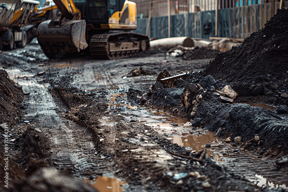 Chaotic Construction Site with Mud Tracks and Scattered Debris Chaotic Construction Site with Mud Tracks and Scattered Debris