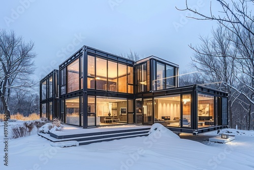 Contemporary black container house with expansive windows, architecture in a snowy landscape photo