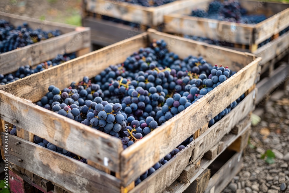 crates of black grapes on vineyard harvest crates of black grapes on vineyard harvest
