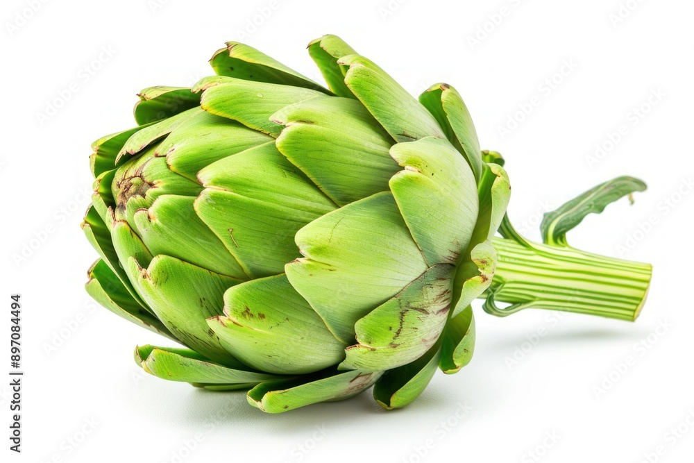 Crisp and fresh green artichoke stands out elegantly against a clean white background Crisp and fresh green artichoke stands out elegantly against a clean white background