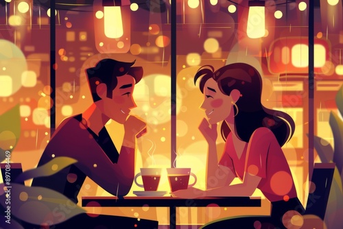 Couple on a romantic date in cafe. Anniversary or love in restaurant