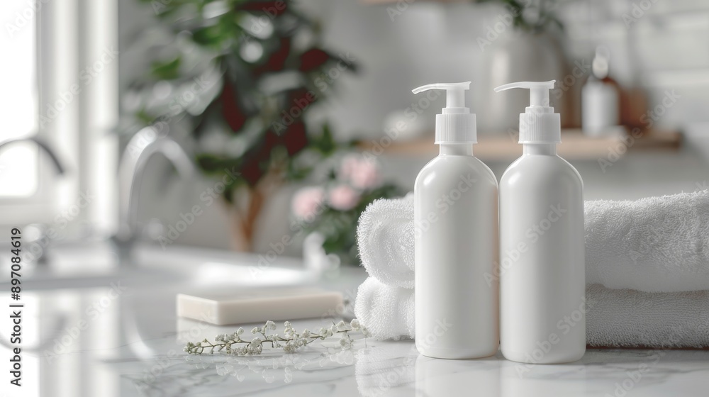 White Pump Bottles with Towels and Flowers in a Bathroom White Pump Bottles with Towels and Flowers in a Bathroom