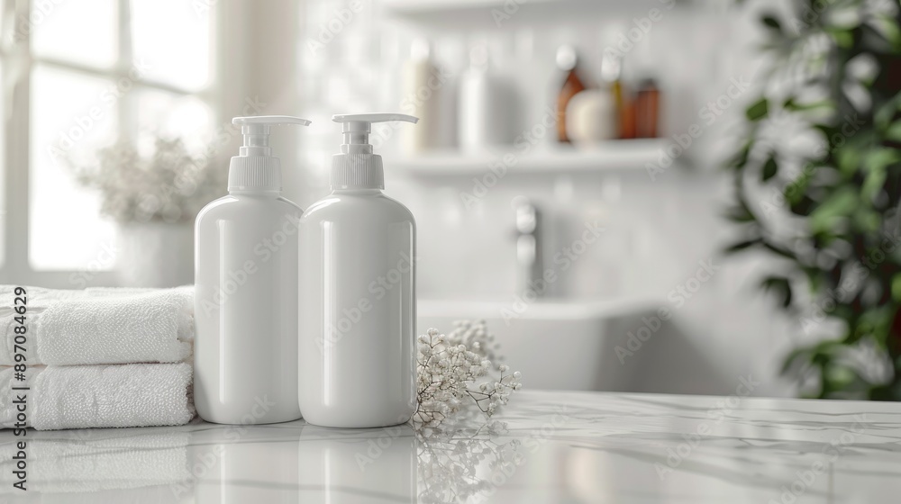 Two White Pump Bottles with Towels and Flowers on a Marble Countertop Two White Pump Bottles with Towels and Flowers on a Marble Countertop