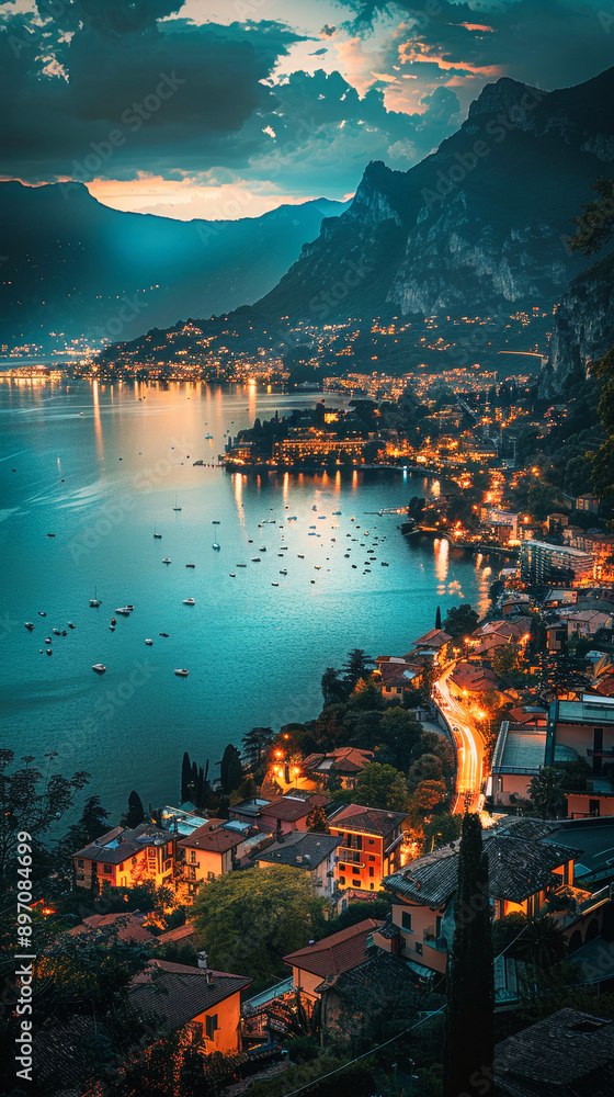 Fototapeta premium Aerial view of a city by the sea at night with a mountain in background