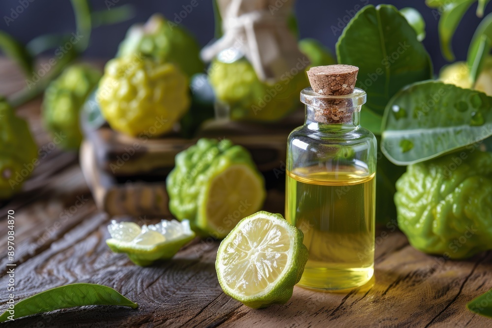 Bottle of bergamot essential oil is standing on a rustic wooden table surrounded by fresh bergamot fruits Bottle of bergamot essential oil is standing on a rustic wooden table surrounded by fresh bergamot fruits