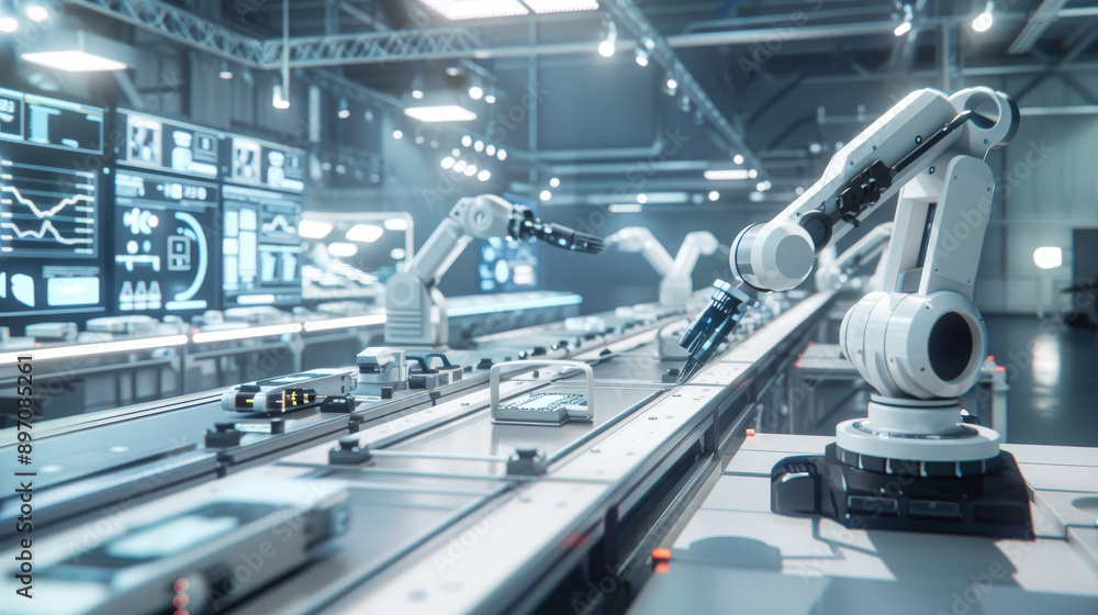 A high-tech factory with robotic arms working on circuit boards A high-tech factory with robotic arms working on circuit boards