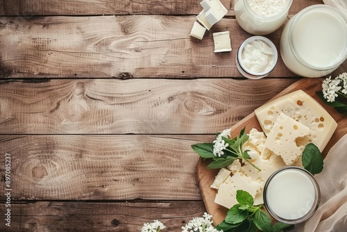 Dairy Products on wood background. Natural lighting, dairy products placed on a textured wooden background photo