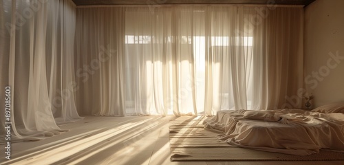 Natural light filtering through sheer curtains, casting intricate patterns on minimalist bedroom floor. © Rafia