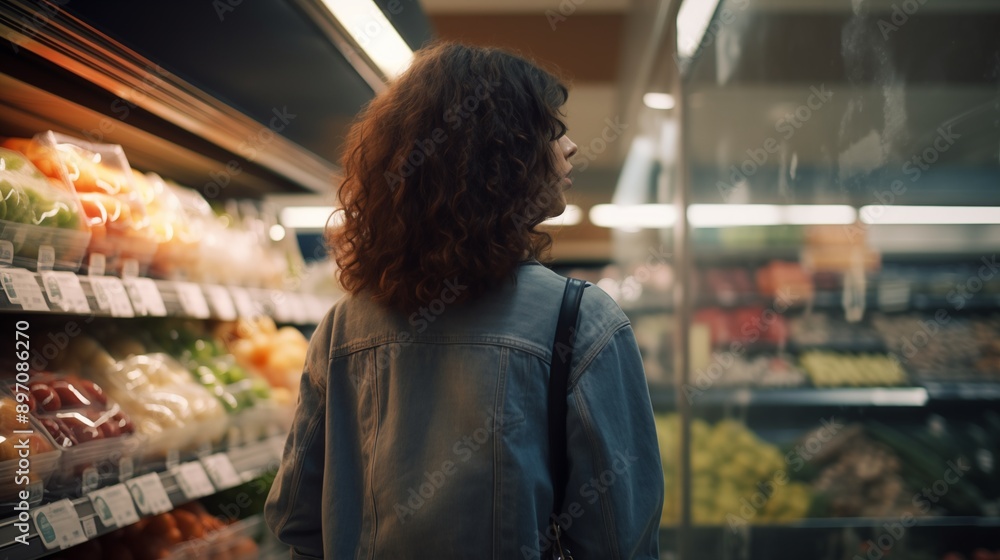 back view of young woman looking at bottle of juice in grocery store back view of young woman looking at bottle of juice in grocery store