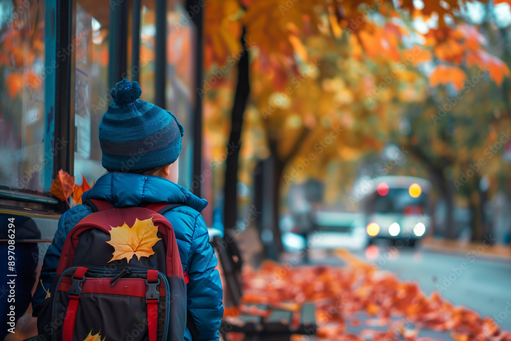 Rear view of a young preschool boy with a backpack, waiting at a bus stop surrounded by colorful autumn leaves. Captures the essence of early education, school transportation, and Rear view of a young preschool boy with a backpack, waiting at a bus stop surrounded by colorful autumn leaves. Captures the essence of early education, school transportation, and