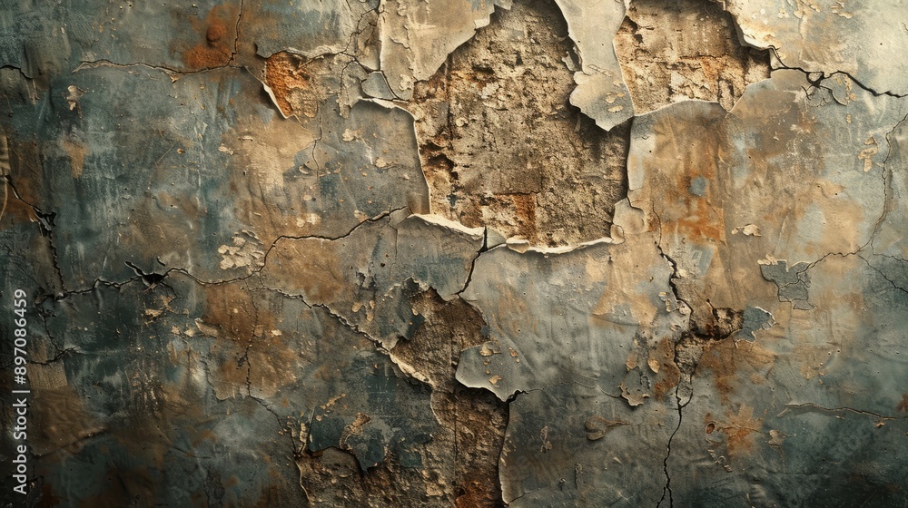 Fototapeta premium Detailed closeup image showcasing a weathered brick wall with peeling paint, revealing its aged texture