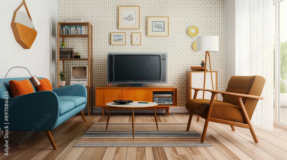 Mid-century modern living room with blue sofa, orange armchair, vintage TV, wooden furniture, framed art, bookshelf, patterned wallpaper, and wooden flooring. Mid-century modern living room with blue sofa, orange armchair, vintage TV, wooden furniture, framed art, bookshelf, patterned wallpaper, and wooden flooring.