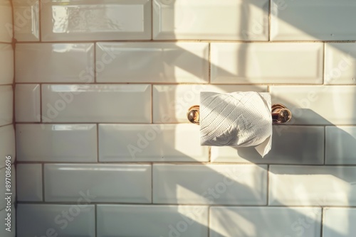 Empty toilet paper roll on a holder against an bright bathroom wall photo