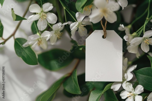 Empty white gift tag mockup. Paper label on spring flowers blooming leaves covered background. Minimal still life photo