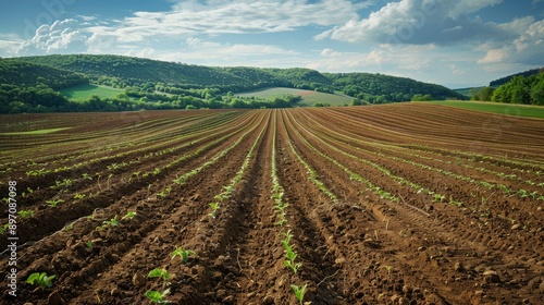 A freshly plowed field near a dam, showcasing rows of young plants ready for growth and harvest