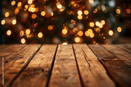 Empty wooden table with christmas theme in background photo