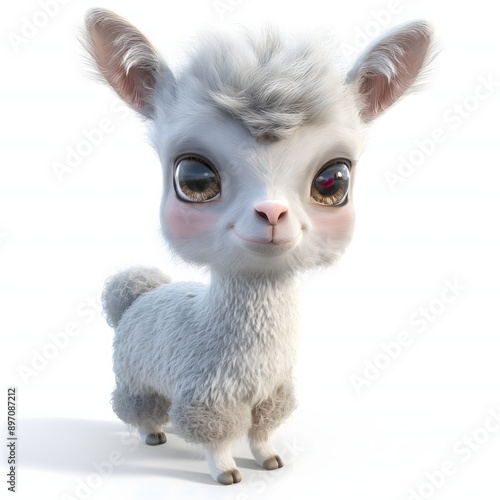 86. "A charming baby alpaca with a soft, fluffy coat and curious eyes, depicted in 3D on a white background."