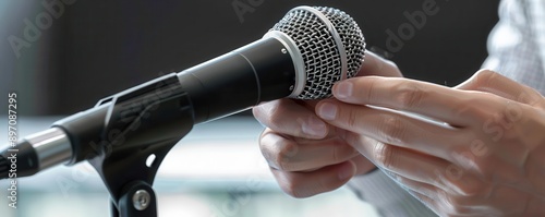 Closeup of hands on a microphone stand, business professional adjusting, photorealistic, ready to present photo