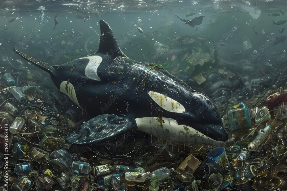 Obraz premium Marine animals tangled and surrounded by garbage at the bottom of the sea.