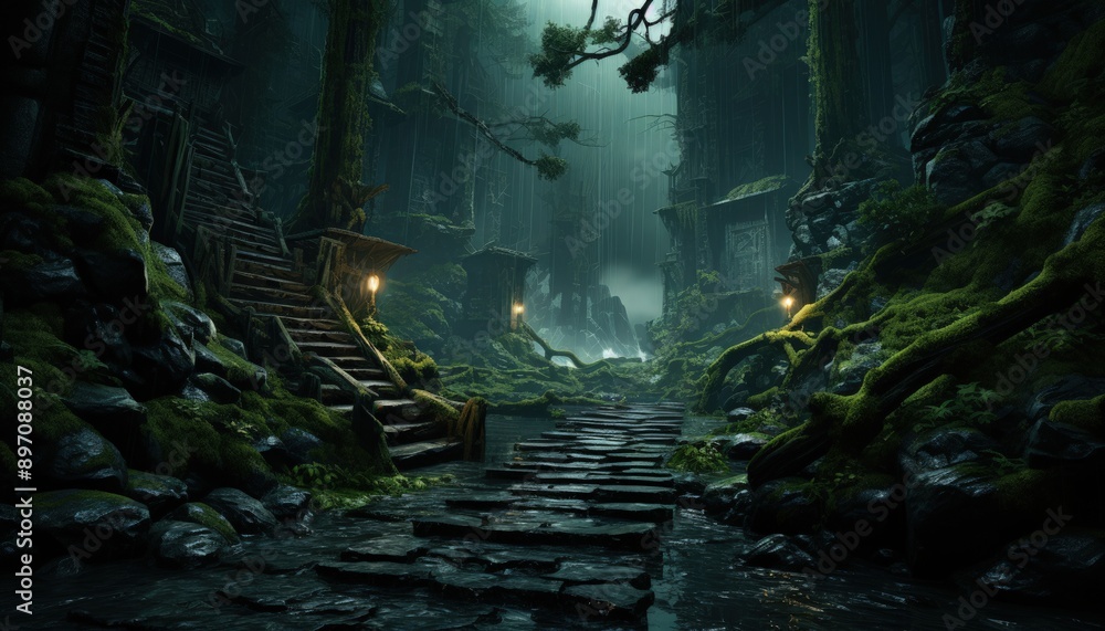 A secluded path through a dense, misty forest A secluded path through a dense, misty forest