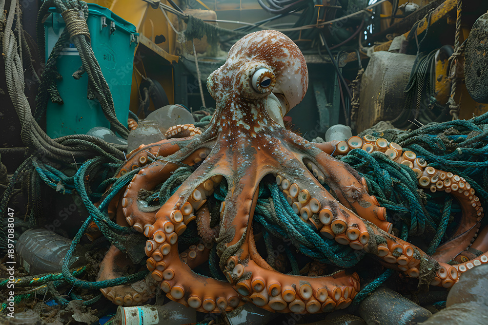 Obraz premium Marine animals tangled and surrounded by garbage at the bottom of the sea.
