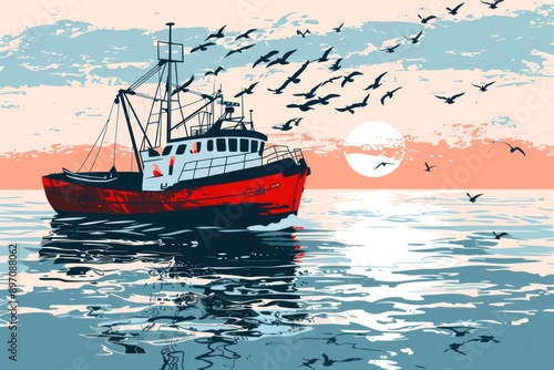 fishing ship or boat with fishermen and birds flying photo