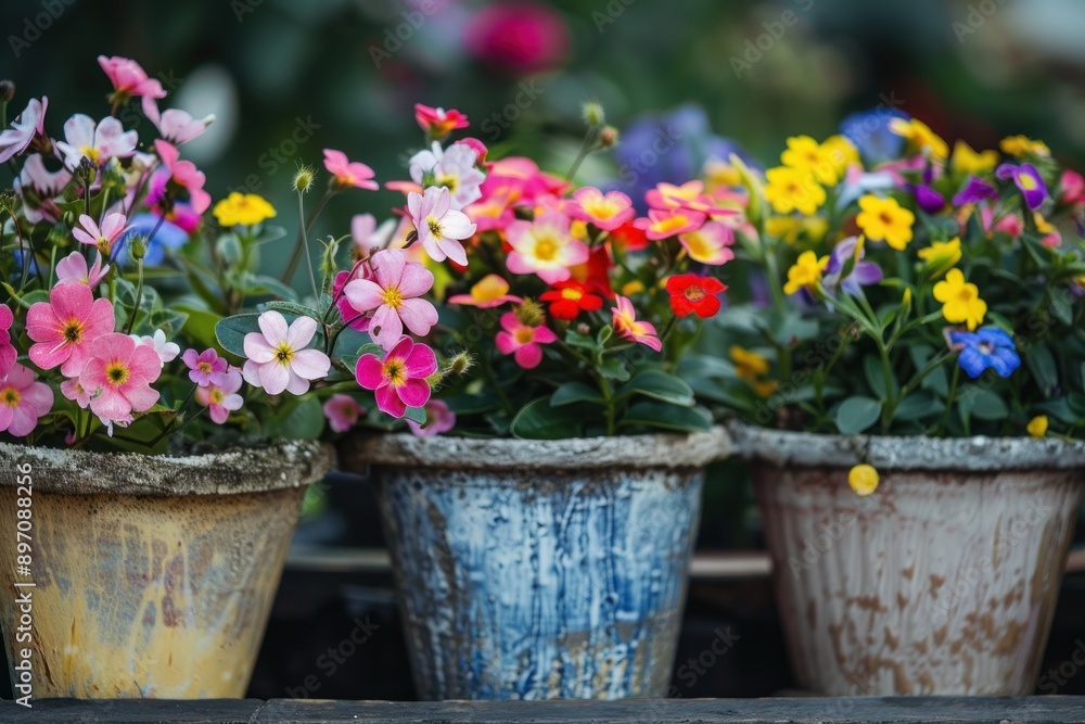 flower pots with colorful flowers flower pots with colorful flowers