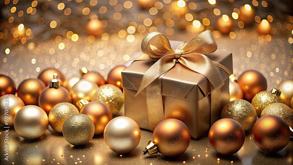 Christmas background with a festive gift box surrounded by shiny balls, Christmas, background, gift box, balls, holiday Christmas background with a festive gift box surrounded by shiny balls, Christmas, background, gift box, balls, holiday