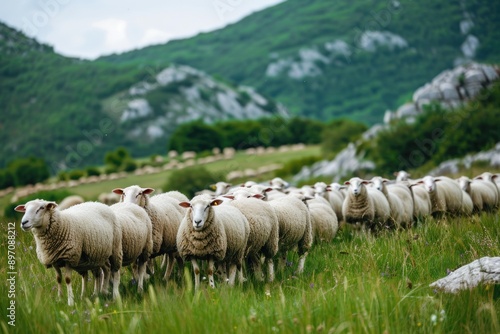 flock of sheep on field. livestock photo