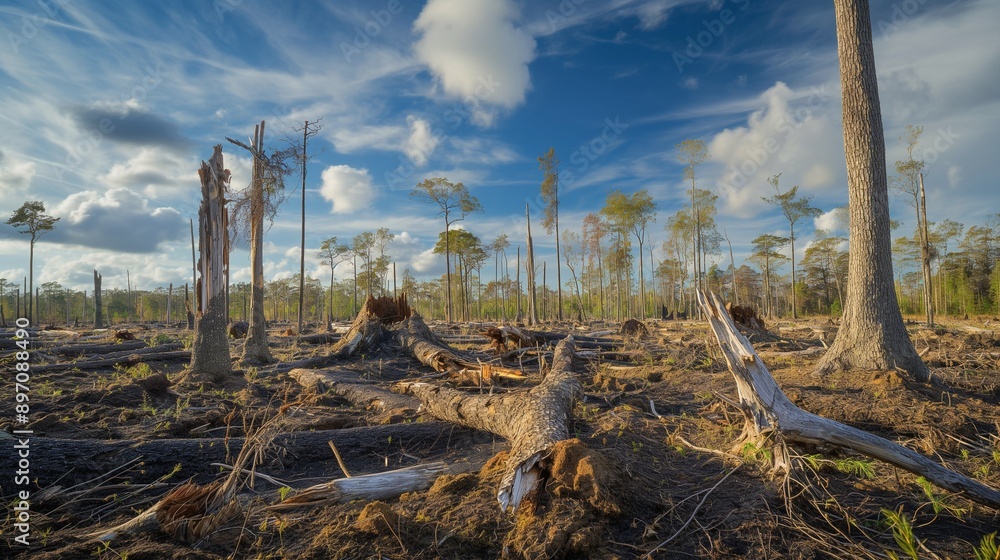 A forest with dead and dying trees, suffering from an infestation caused by climate change, affecting biodiversity. A forest with dead and dying trees, suffering from an infestation caused by climate change, affecting biodiversity.
