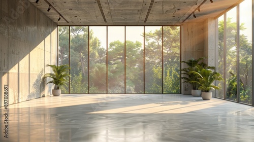 Empty Concrete Room with Large Windows and Plants