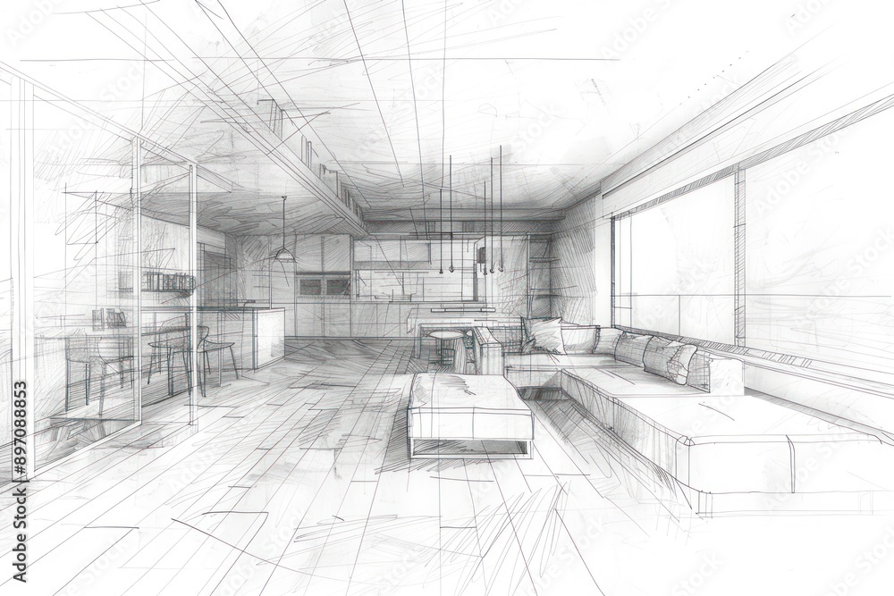 drawing of a live, wire frame home interior drawing of a live, wire frame home interior