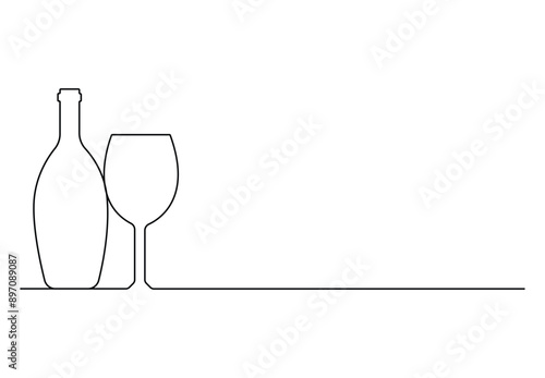 Wine glass and bottle one continuous line drawing vector illustration. Pro vector