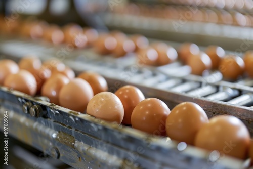 eggs in conveyor belt in poultry farm photo