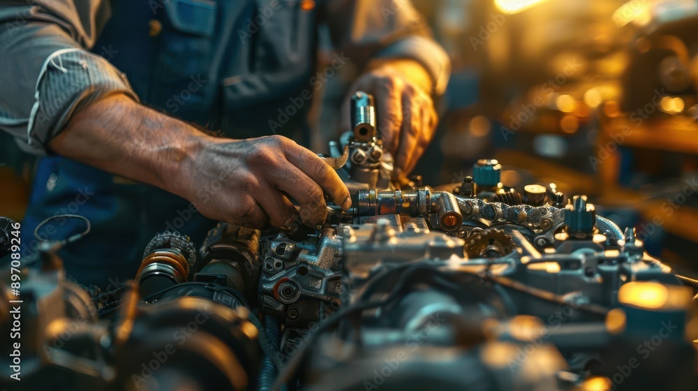 closeup of skilled mechanics hands working on intricate engine parts bathed in warm workshop lighting tools and components scattered around conveying expertise and precision in automotive repair closeup of skilled mechanics hands working on intricate engine parts bathed in warm workshop lighting tools and components scattered around conveying expertise and precision in automotive repair