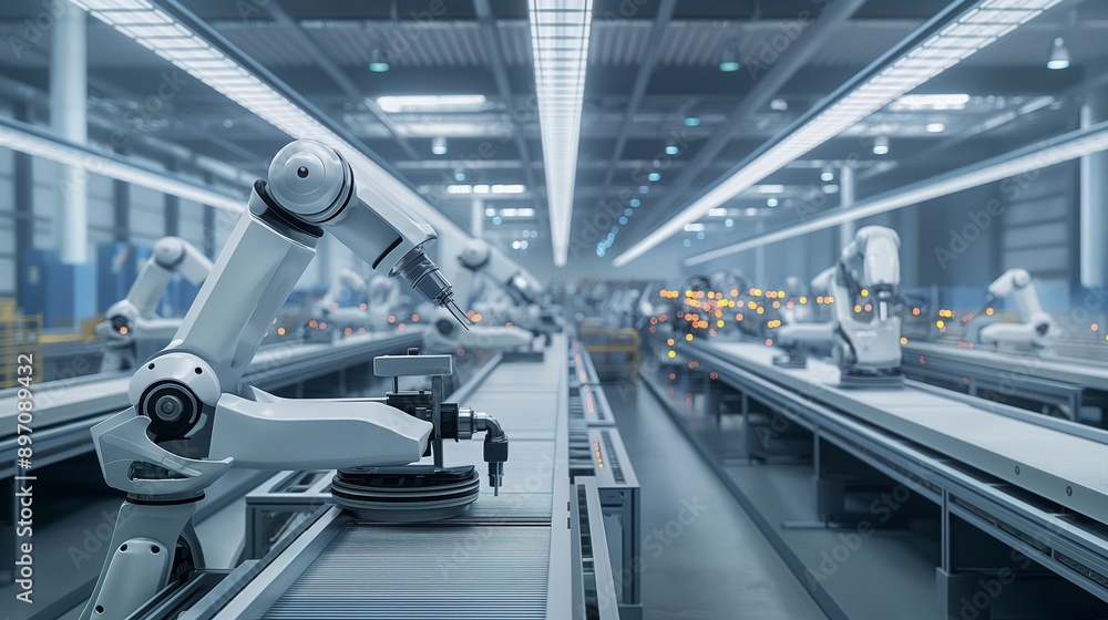 A futuristic manufacturing facility with robotic assembly lines, AI-driven quality control, and advanced 3D printing technologies, highlighting future industrial growth. A futuristic manufacturing facility with robotic assembly lines, AI-driven quality control, and advanced 3D printing technologies, highlighting future industrial growth.