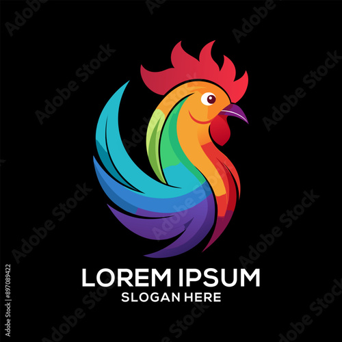 Rooster logo colorful gradient illustration. Restaurant brand logo vector. Brand idea logo vector.
