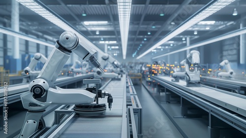 A futuristic manufacturing facility with robotic assembly lines, AI-driven quality control, and advanced 3D printing technologies, highlighting future industrial growth.