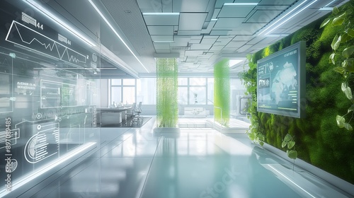 A futuristic office interior with digital interfaces for monitoring energy usage, green walls for improved air quality, and eco-friendly materials.