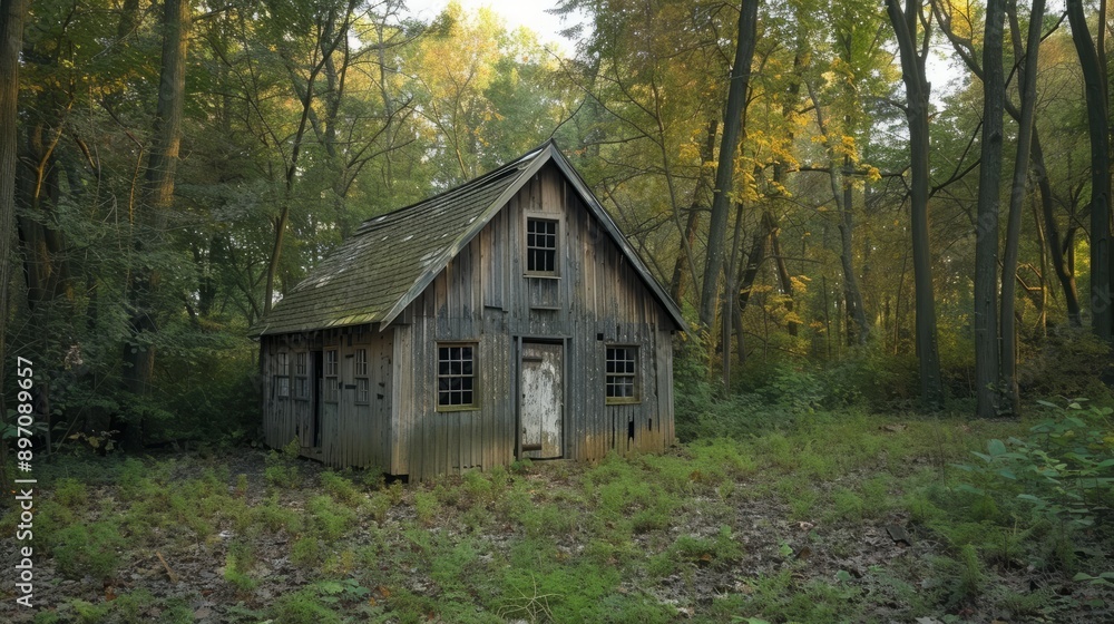 In the heart of the autumn foliage sits a charming weathered wooden cabin surrounded by colorful fall trees In the heart of the autumn foliage sits a charming weathered wooden cabin surrounded by colorful fall trees