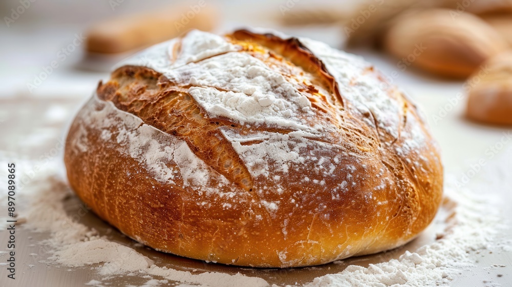 A freshly baked loaf of bread made with wheat flour sits on a white surface, dusted with flour. Generative AI A freshly baked loaf of bread made with wheat flour sits on a white surface, dusted with flour. Generative AI