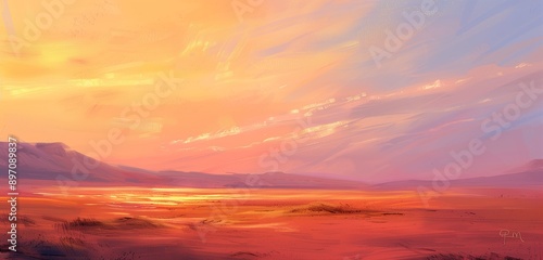 Sunset light painting the sky in hues of orange and pink over a desert. © Rafia