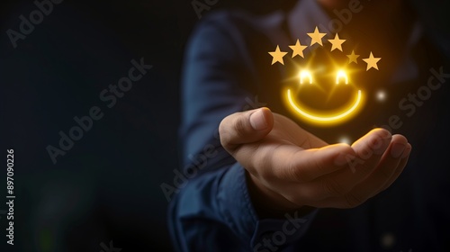 Close-Up of a Hand Holding Five Stars for Customer Experience Rating Against a Bright Virtual Background