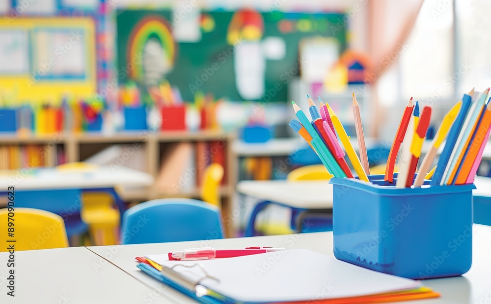 Bright and lively classroom with desks, chairs, and school supplies ready for a new school year. Bright and lively classroom with desks, chairs, and school supplies ready for a new school year.