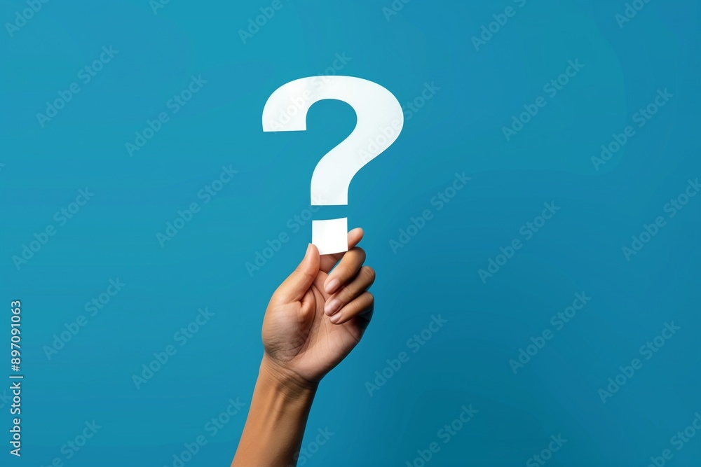 Hand with white question mark paper against blue background Hand with white question mark paper against blue background