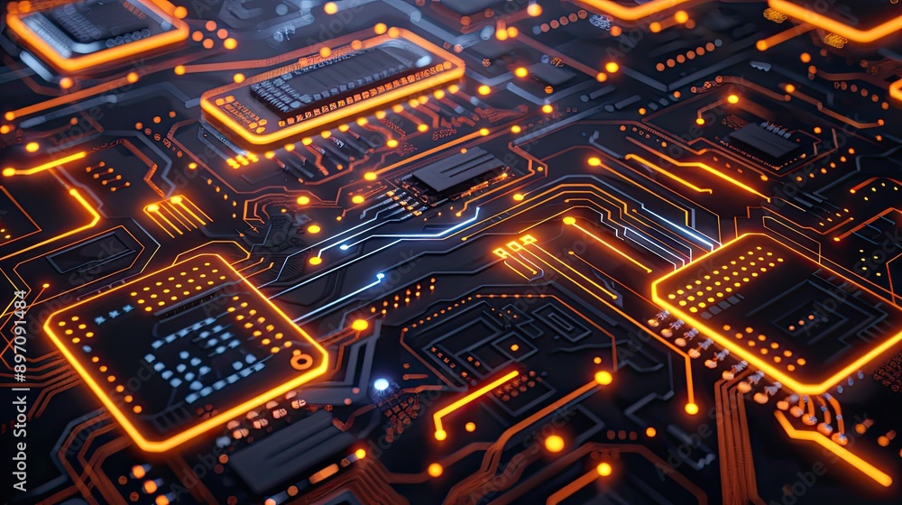 Obraz premium Abstract 3D circuit board with digital elements and glowing highlights