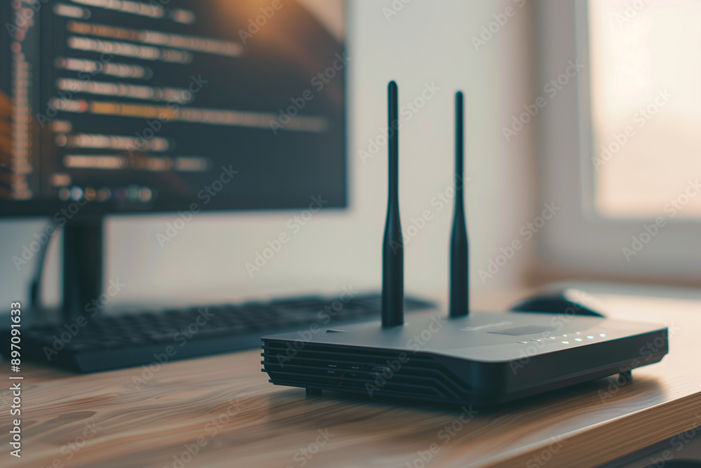 Wi-Fi router modem with antennas on a desk next to a TV screen and keyboard. Home network connection, black wireless equipment. Photo Wi-Fi router modem with antennas on a desk next to a TV screen and keyboard. Home network connection, black wireless equipment. Photo