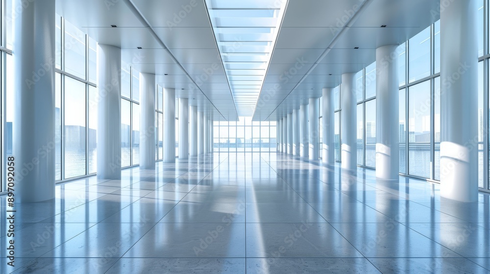 Modern office hallway with large windows and city view Modern office hallway with large windows and city view