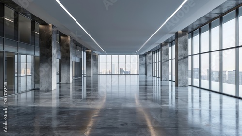 Modern Empty Office Space with Large Windows and City View